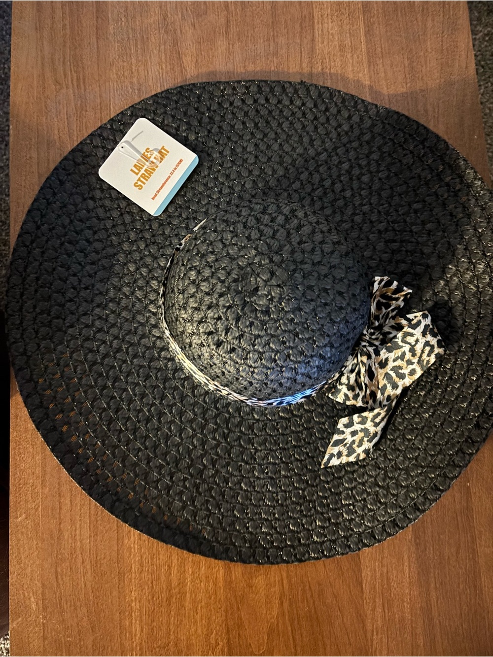 Straw Sun Hat with Leopard Bow - Black